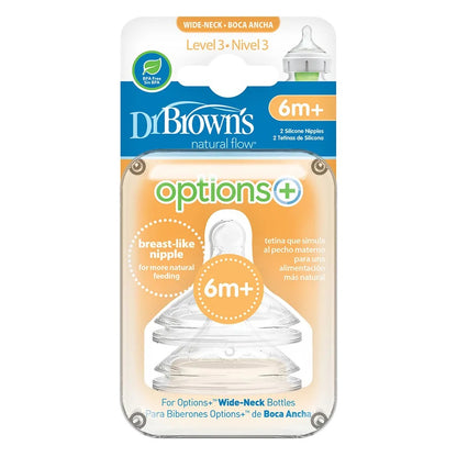 Dr. Brown's Level 3 Wide-Neck Silicone Options Plus Nipple Pack of 2 - Transparent