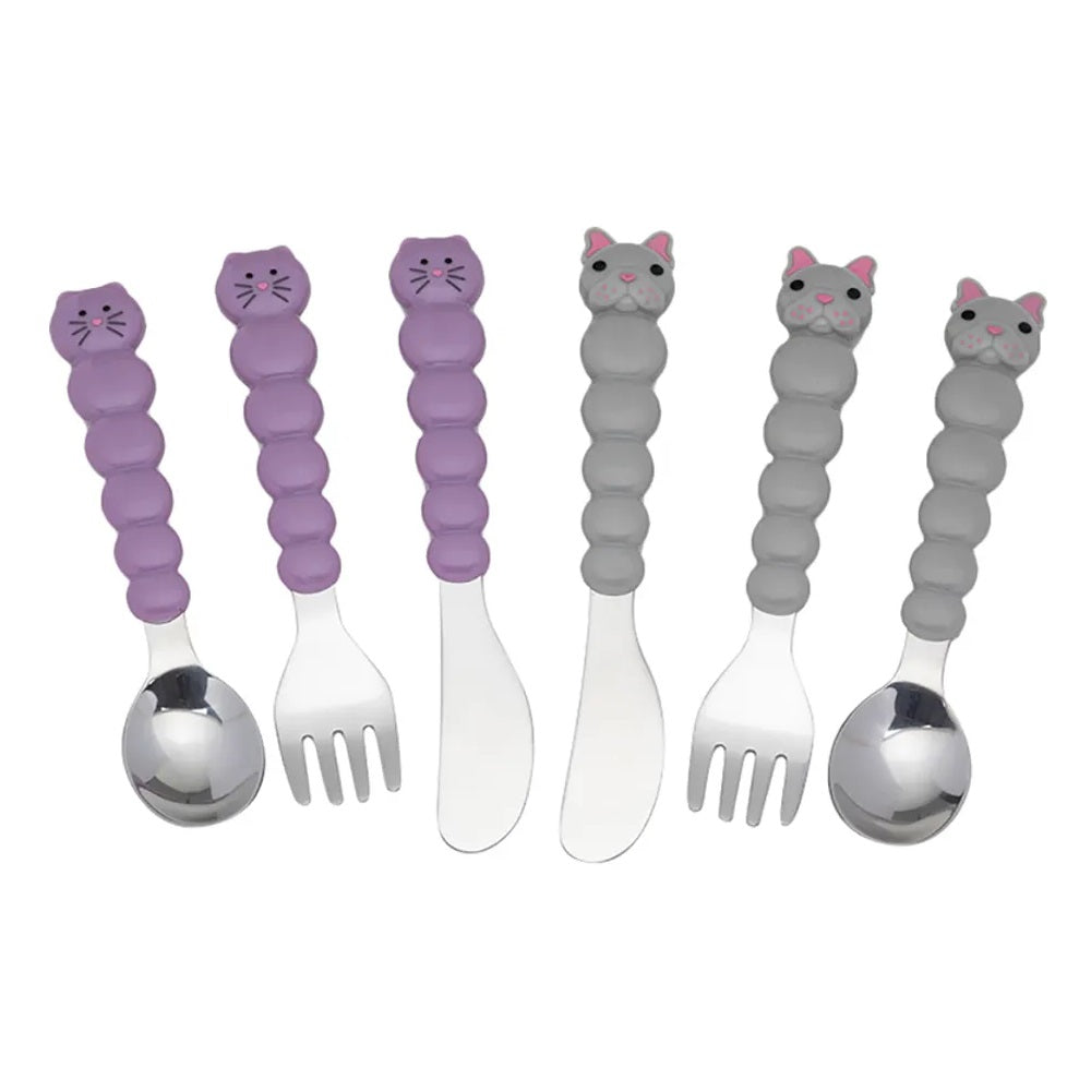 Melii - Utensil Set - 6pcs - Purple Cat & Grey Bulldog