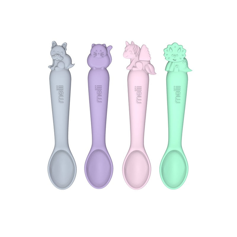 Melii - Silicone Spoons 4pc Set - Dog, Cat, Unicorn, Dino