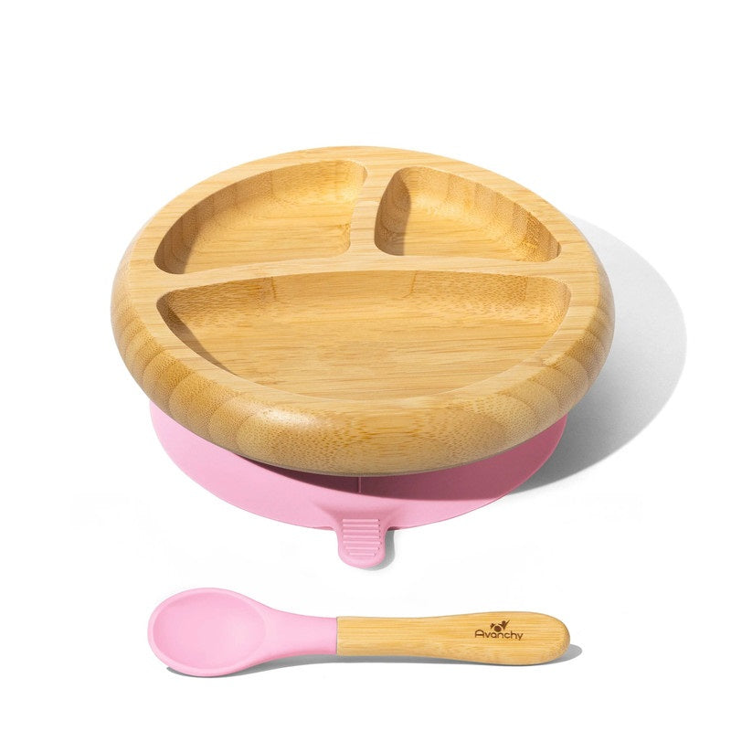 Avanchy - Bamboo Suction Classic Plate + Spoon - Pink