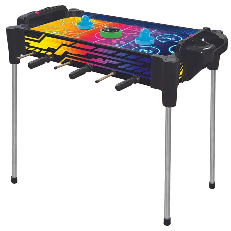 Ambassador - 27" 2-in-1 Reversible Football (Foosball/Soccer) & Hover Puck Air Hockey Table Neon Version