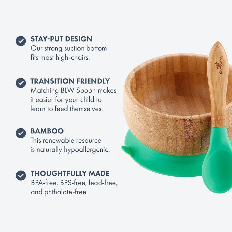 Avanchy - Baby Bamboo Stay Put Suction Bowl + Spoon - Green