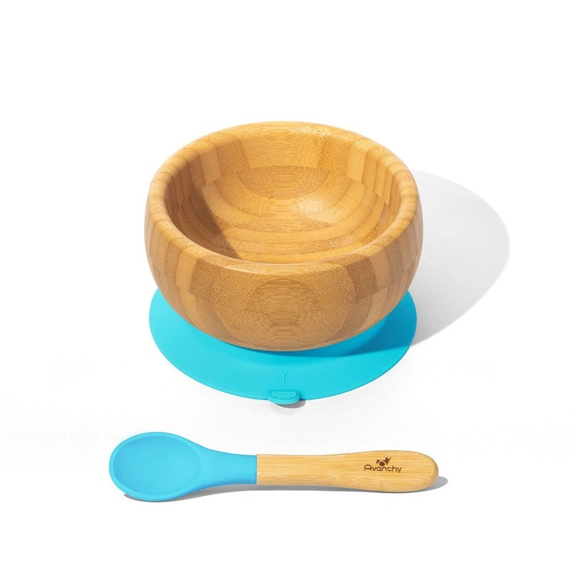 Avanchy - Baby Bamboo Stay Put Suction Bowl + Spoon - Blue