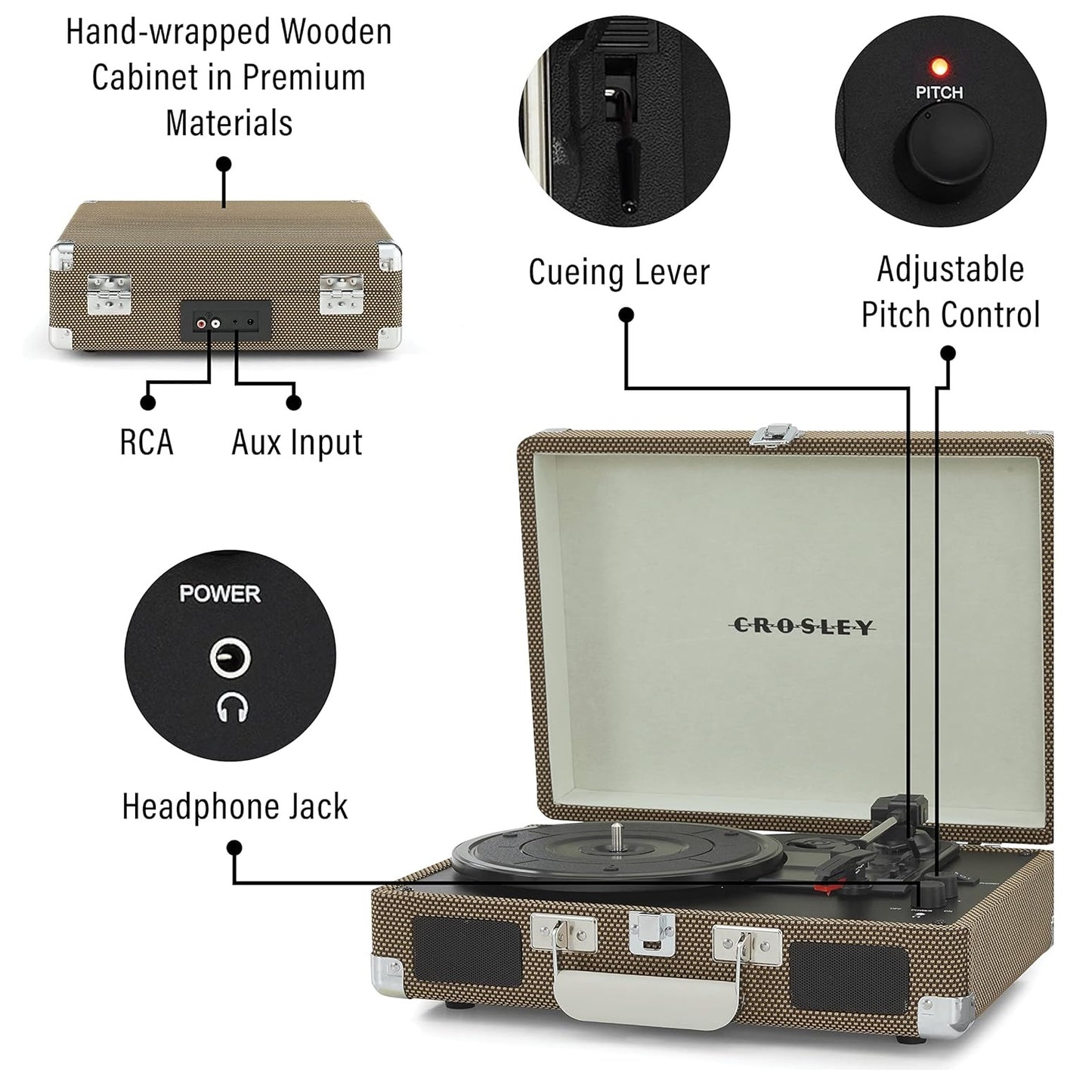 Crosley Cruiser Plus Portable Turntable With Bluetooth In/Out, Tweed