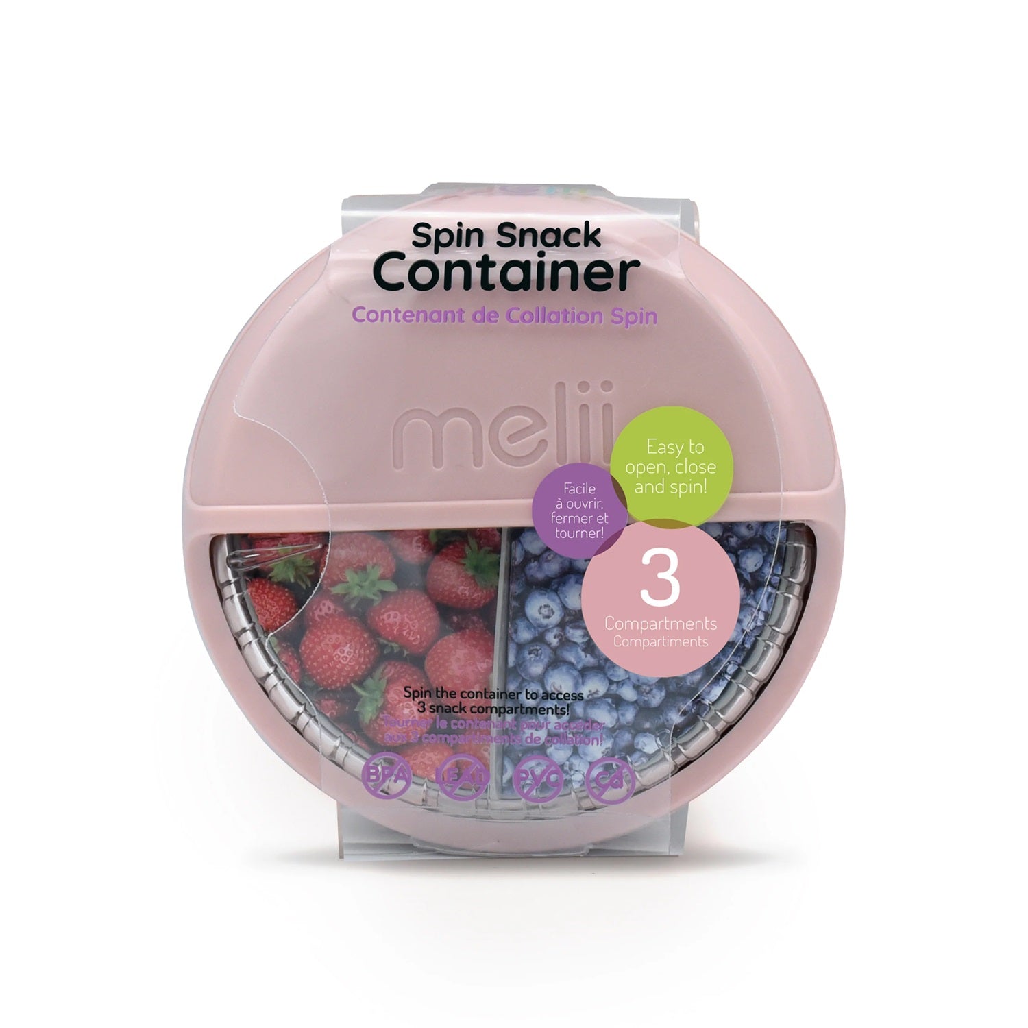 Melii - Spin 3 Compartment Snack Container - Pink