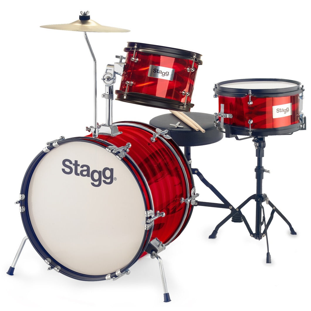 Stagg 3-Piece Junior Drum Set with Hardware & Throne, 8" / 10" / 16", Red