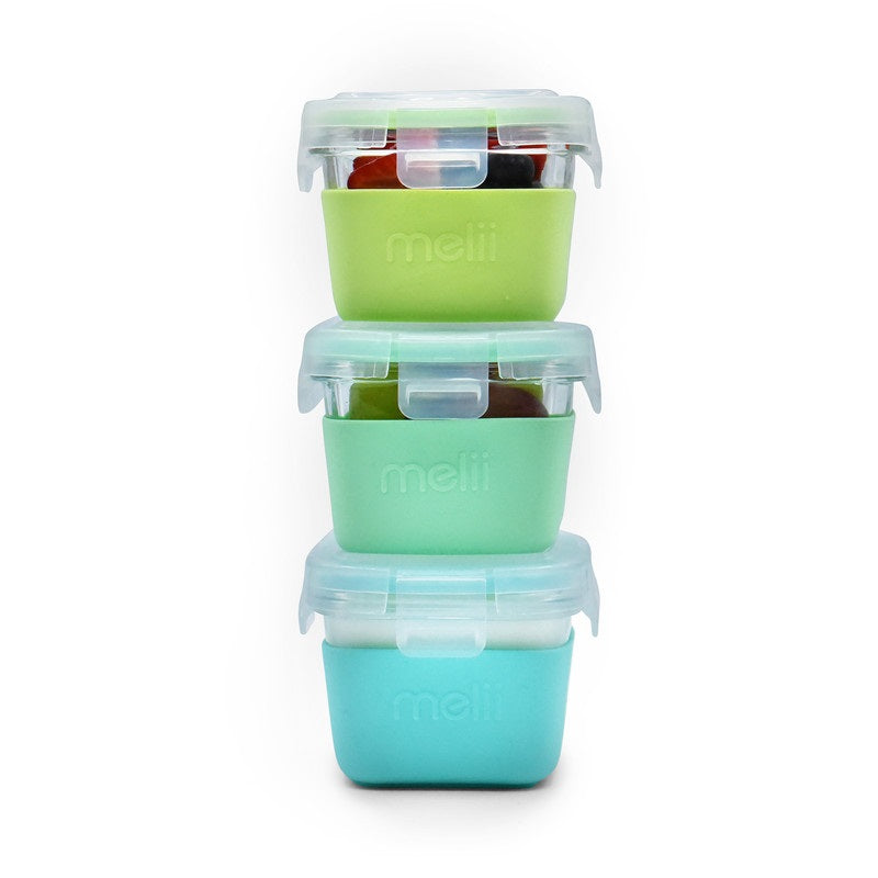 Melii - Glass Food Storage Containers 160 ml - Pack of 3 - Green, Mint, Turquoise