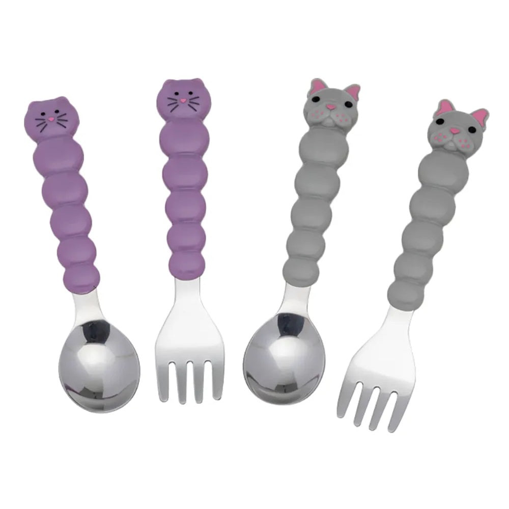 Melii - Spoons & Forks Set - 4pcs - Purple Cat & Grey Bulldog