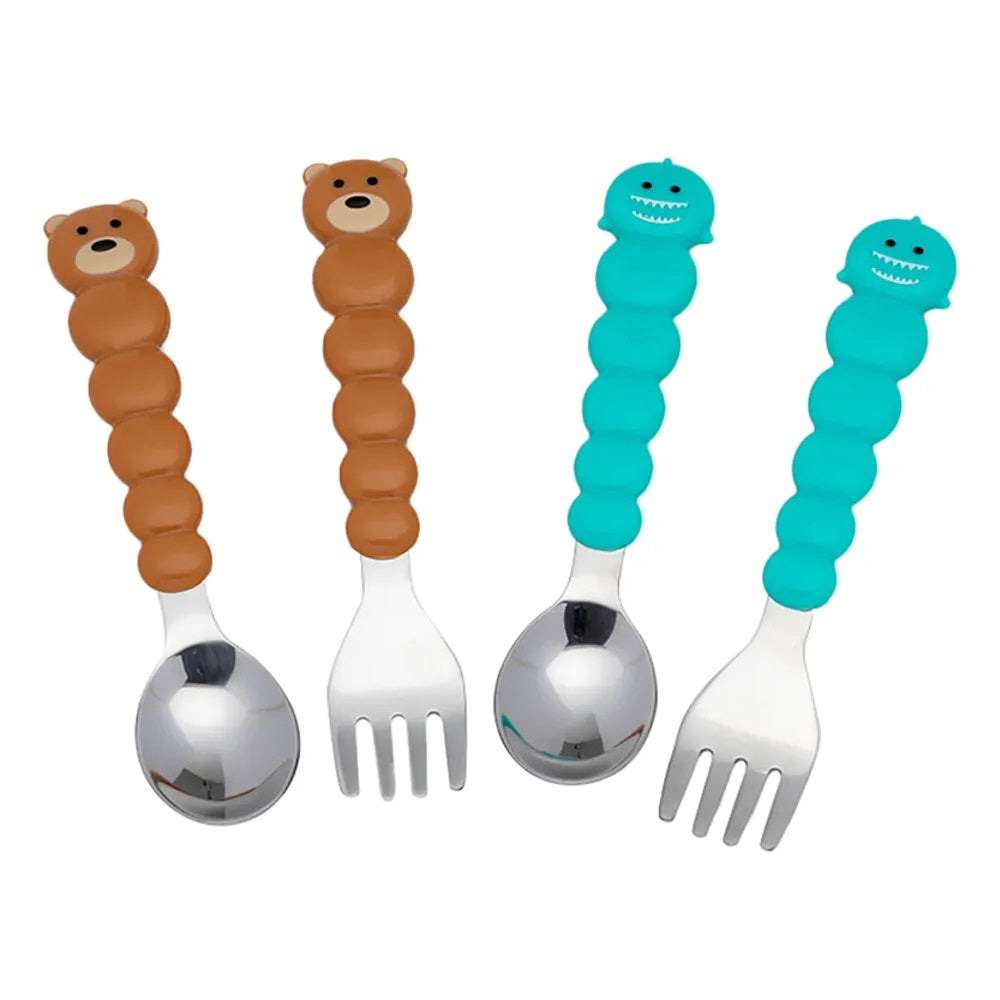 Melii - Spoons & Forks Set - 4pcs - Brown Bear & Turquoise Shark