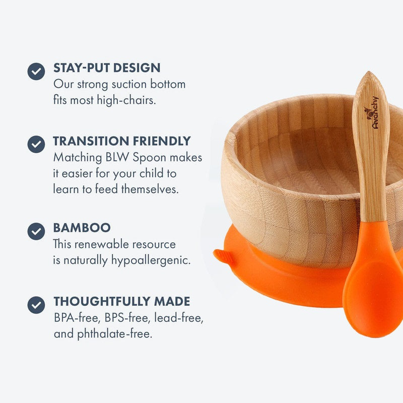 Avanchy - Baby Bamboo Stay Put Suction Bowl + Spoon - Orange