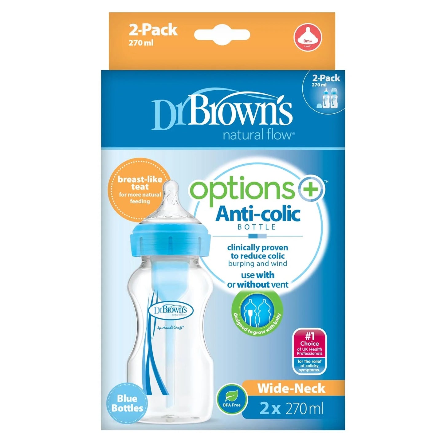 Dr Brown's Options+ Anti-Colic Baby Bottle Blue Twin Pack 270ml