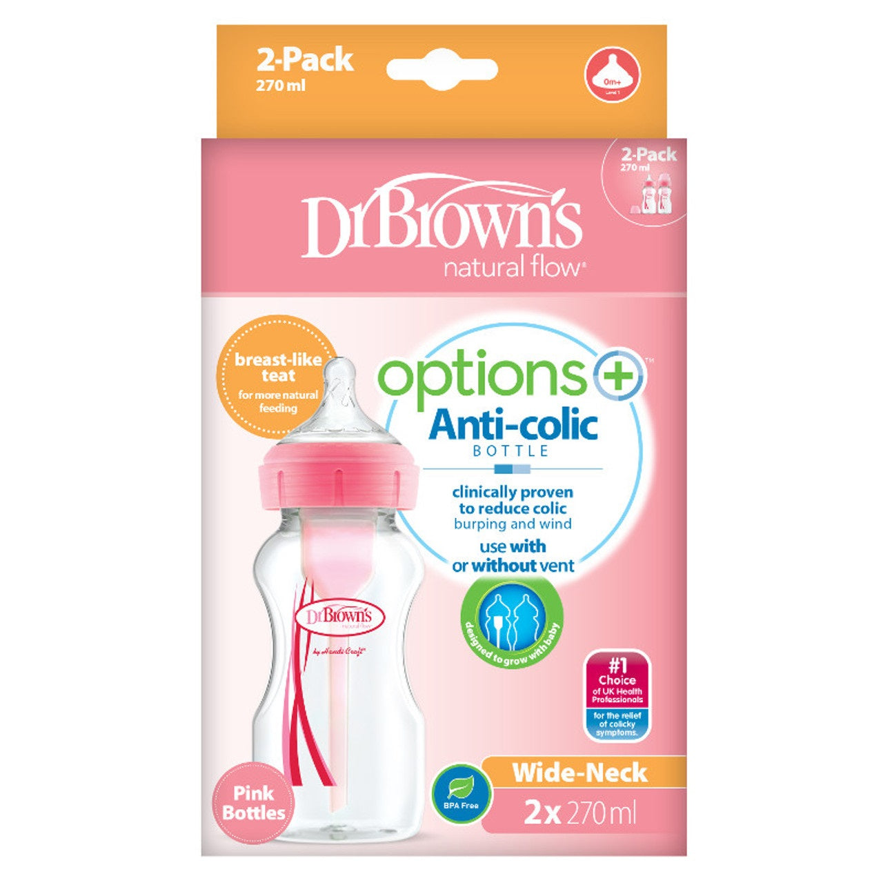 Dr Brown's Options+ Anti-Colic Baby Bottle Pink Twin Pack 270ml