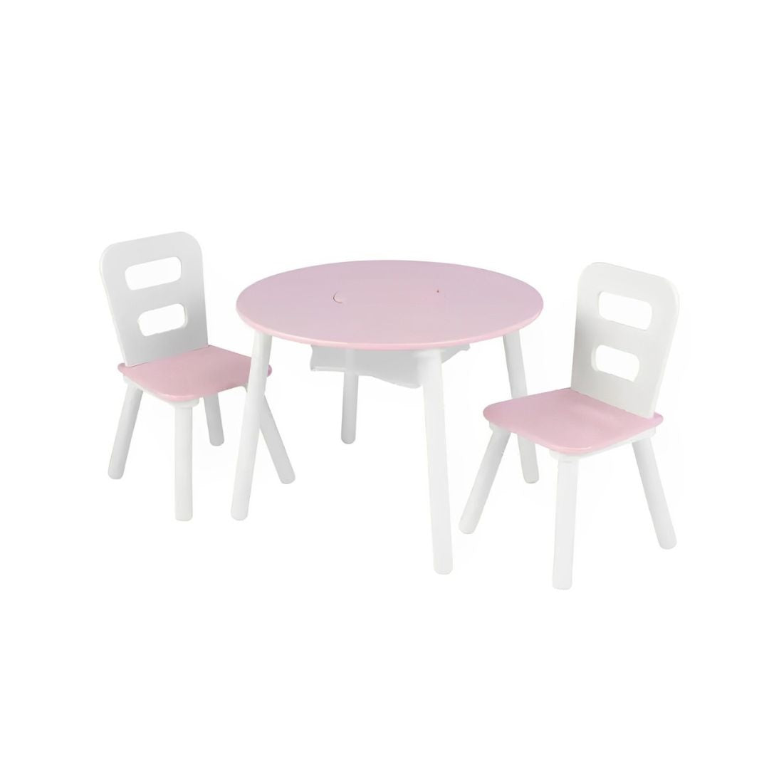 Kidkraft Round Storage Table & 2 Chair Set- White & Pink