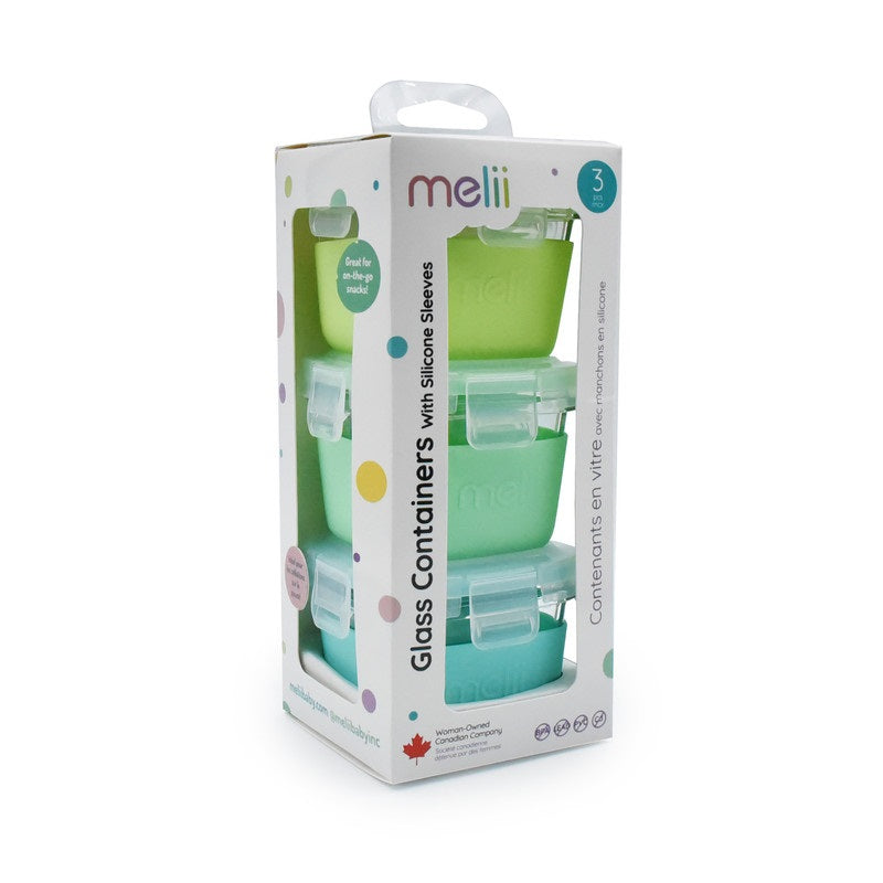 Melii - Glass Food Storage Containers 160 ml - Pack of 3 - Green, Mint, Turquoise