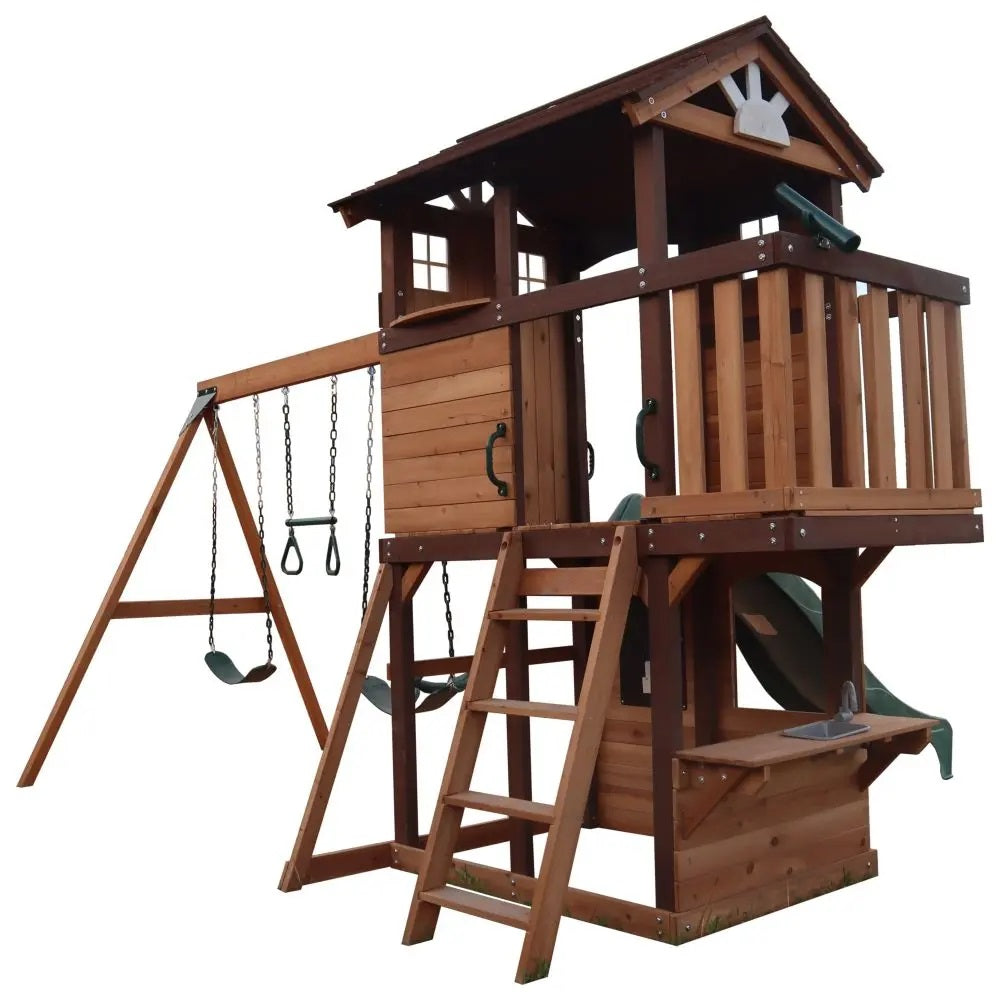 Mount Peak - Elbrus Swing Set & Playhouse With Wooden Roof