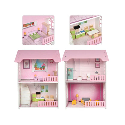 Little Story Wooden Dollhouse 2 floor Villa with Furniture & Accessories - Pink