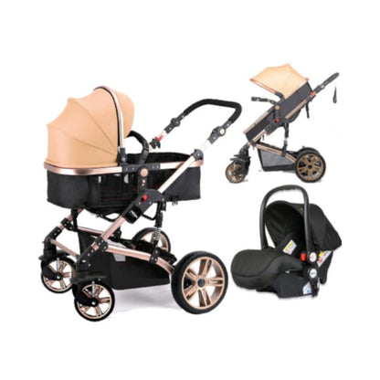 TEKNUM 3In1 Pram Stroller | Sleeping Bassinet | Extra Wide Seat | Wide Canopy | 360° Rotating Wheels | Fully Reclinable | Car Seat Compatible | Coffee Holder | Spill Proof Mat | Newborn Baby | 0 - 3 Years | Khaki + Infant Car Seat