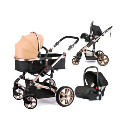 TEKNUM 3In1 Pram Stroller | Sleeping Bassinet | Extra Wide Seat | Wide Canopy | 360° Rotating Wheels | Fully Reclinable | Car Seat Compatible | Coffee Holder | Spill Proof Mat | Newborn Baby | 0 - 3 Years | Khaki + Infant Car Seat