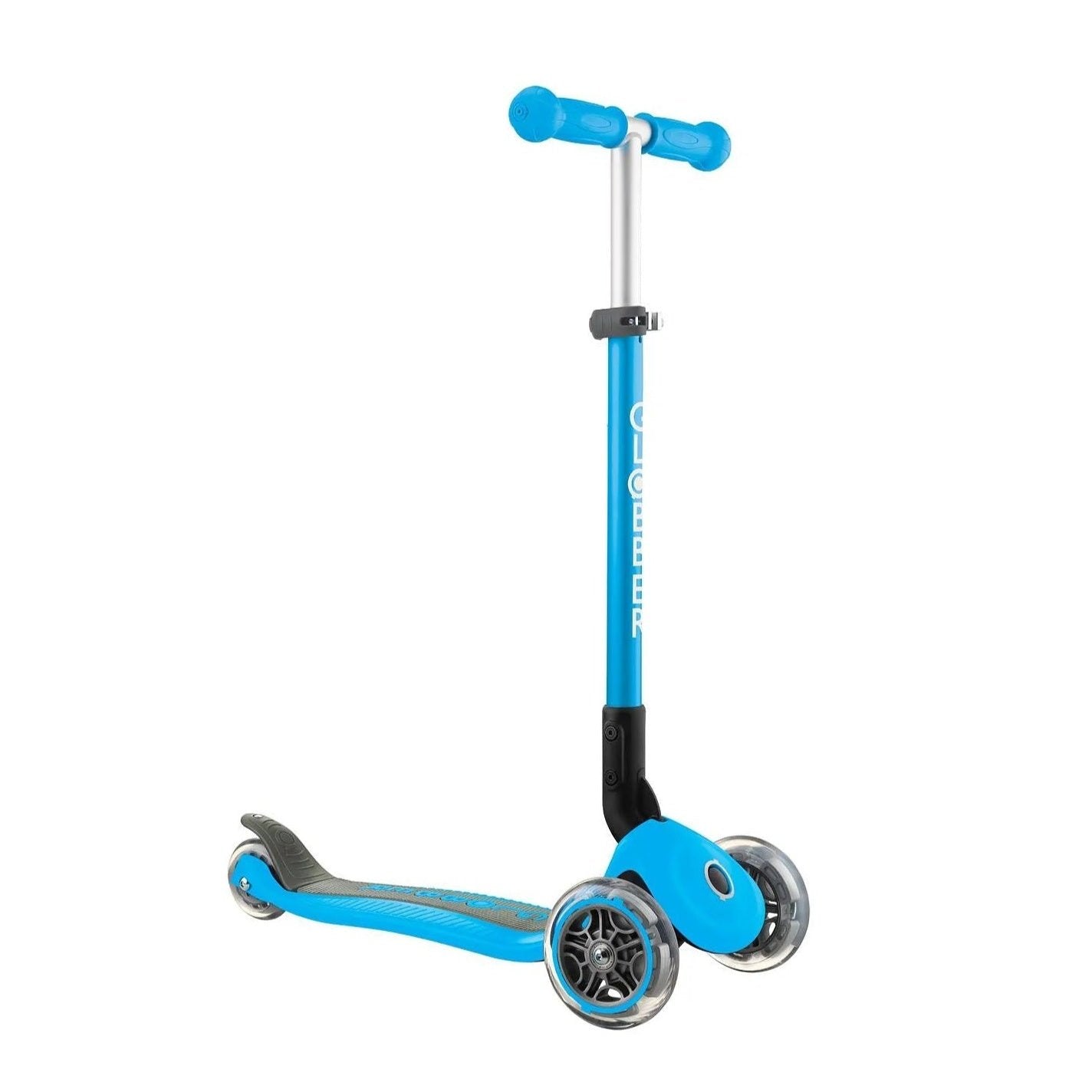 Globber - Primo Foldable Scooter for Ages 3-7, Wide Deck, Reinforced Frame, Trolley Mode, Steering Lock - Sky Blue