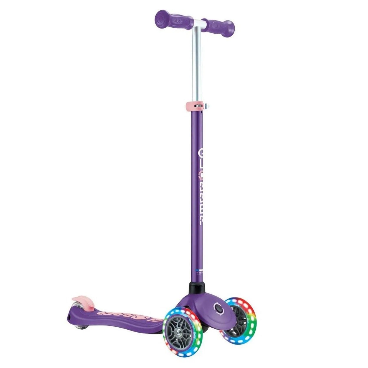 Globber - Primo Plus Lights Three Wheel Scooter, Adjustable T-Bar, Patented Steering Lock System, Light Up Wheels, 3 Years+, 58 x 28 x 76 cm - Dark Purple