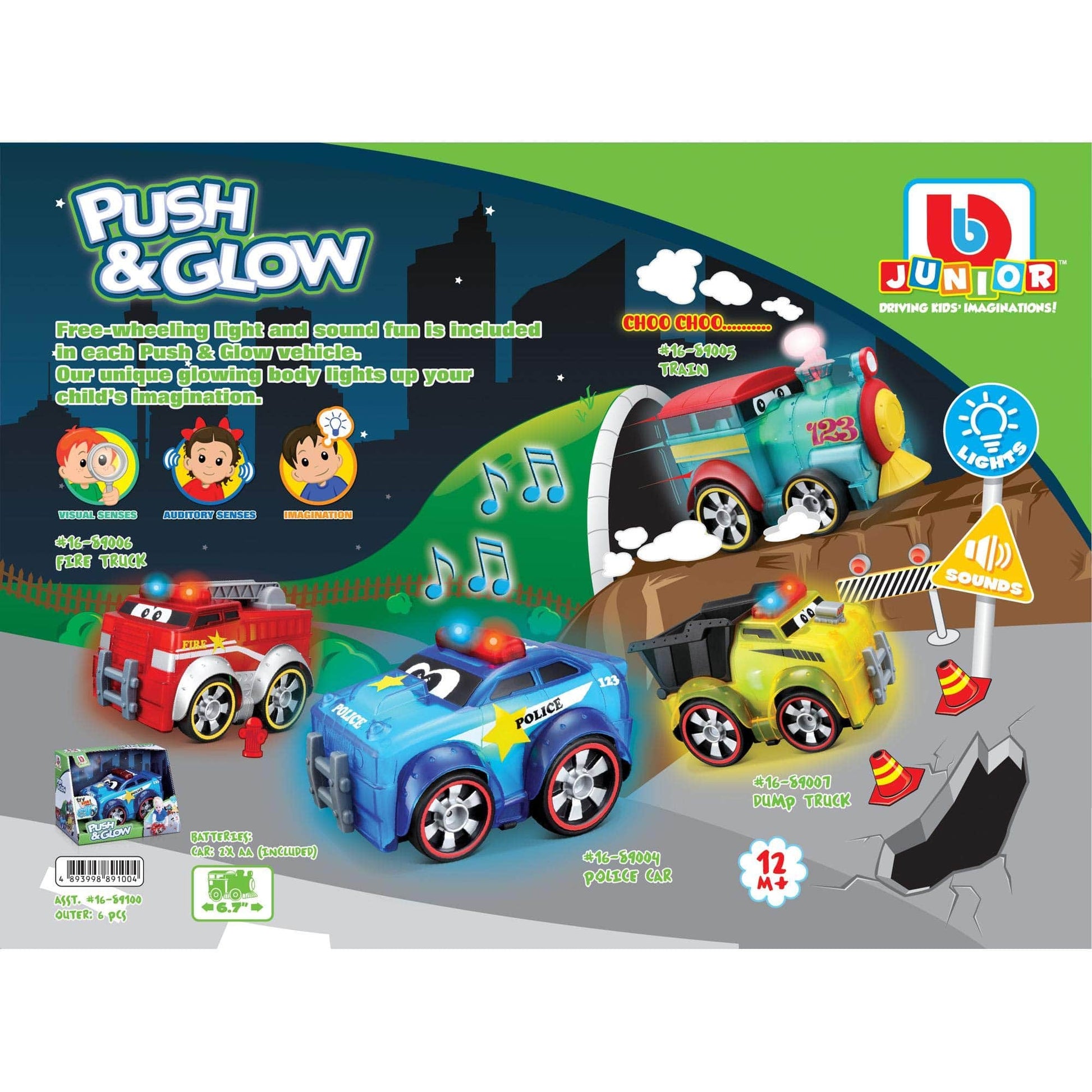 BB Junior Cars Push & Glow Police Car, Train,  Fire Truck, Dump Truck ( Assorted)