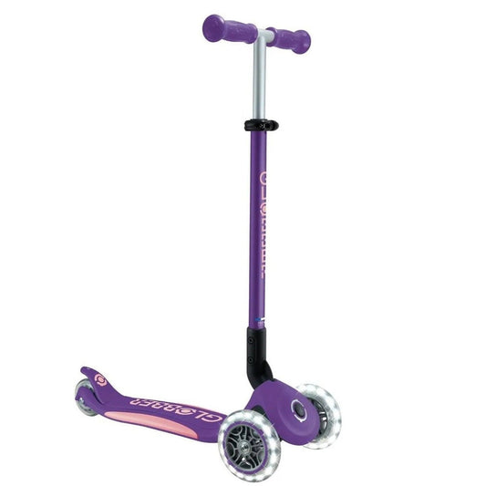 Globber - Primo Plus Foldable Lights Three Wheel Scooter, Adjustable T-Bar, Patented Steering Lock System, Light Up Wheels, 3 Years+, 58 x 28 x 76 cm - Dark Purple