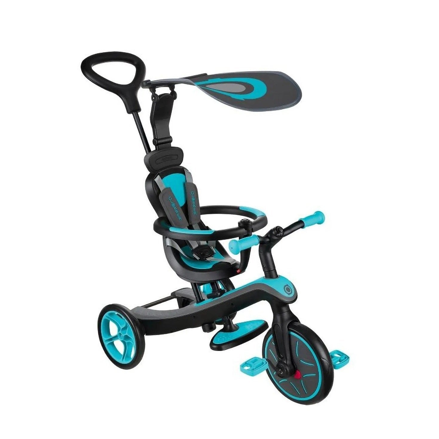 Globber - Explorer 4 in 1 Trike for Kids 10m+ -Blue with Adjustable Seat, Safety Harness, and UV Canopy