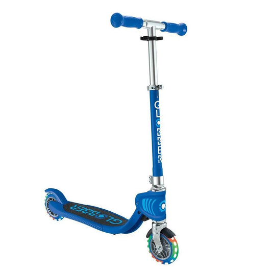 Globber - Flow Foldable Junior Lights 2 Wheels Scooter, Integrated Folding System, Robust Reinforced Deck, Adjustable T-Bar, 3 Years+, 30 x 50 x 50 cm - Navy Blue