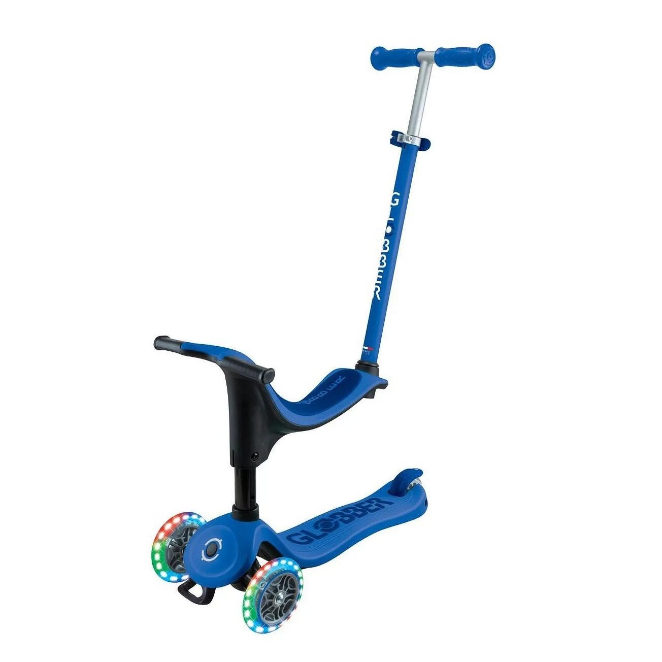 Globber - Go Up Sporty Lights Kids Scooter, 100% Tool-Less Transformation, Patented Steering Lock System, Adjustable Seat and T-Bar, 15 Months+, 26 x 18 x 67.5 cm - Navy Blue