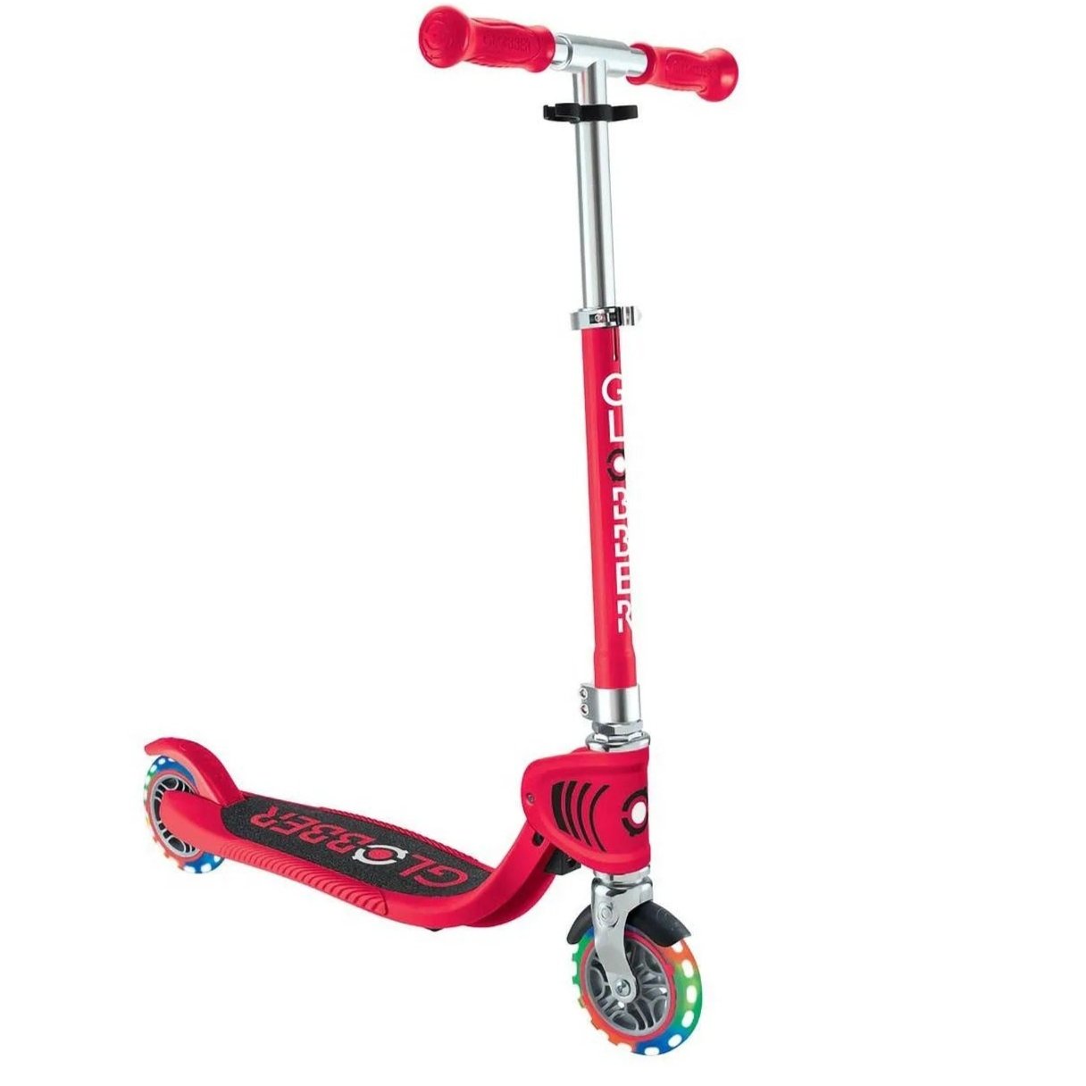 Globber - Flow Foldable Junior Lights 2 Wheels Scooter, Integrated Folding System, Robust Reinforced Deck, Adjustable T-Bar, 3 Years+, 30 x 50 x 50 cm - Red