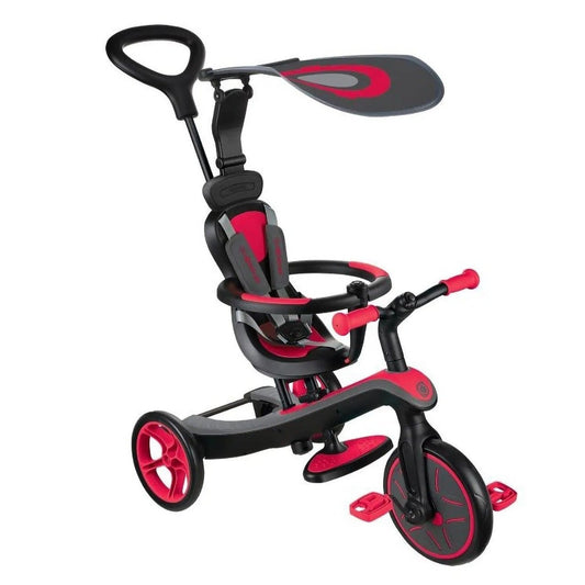 Globber - Explorer 4 in 1 Trike for Kids 10m+ -Red with Adjustable Seat, Safety Harness, and UV Canopy