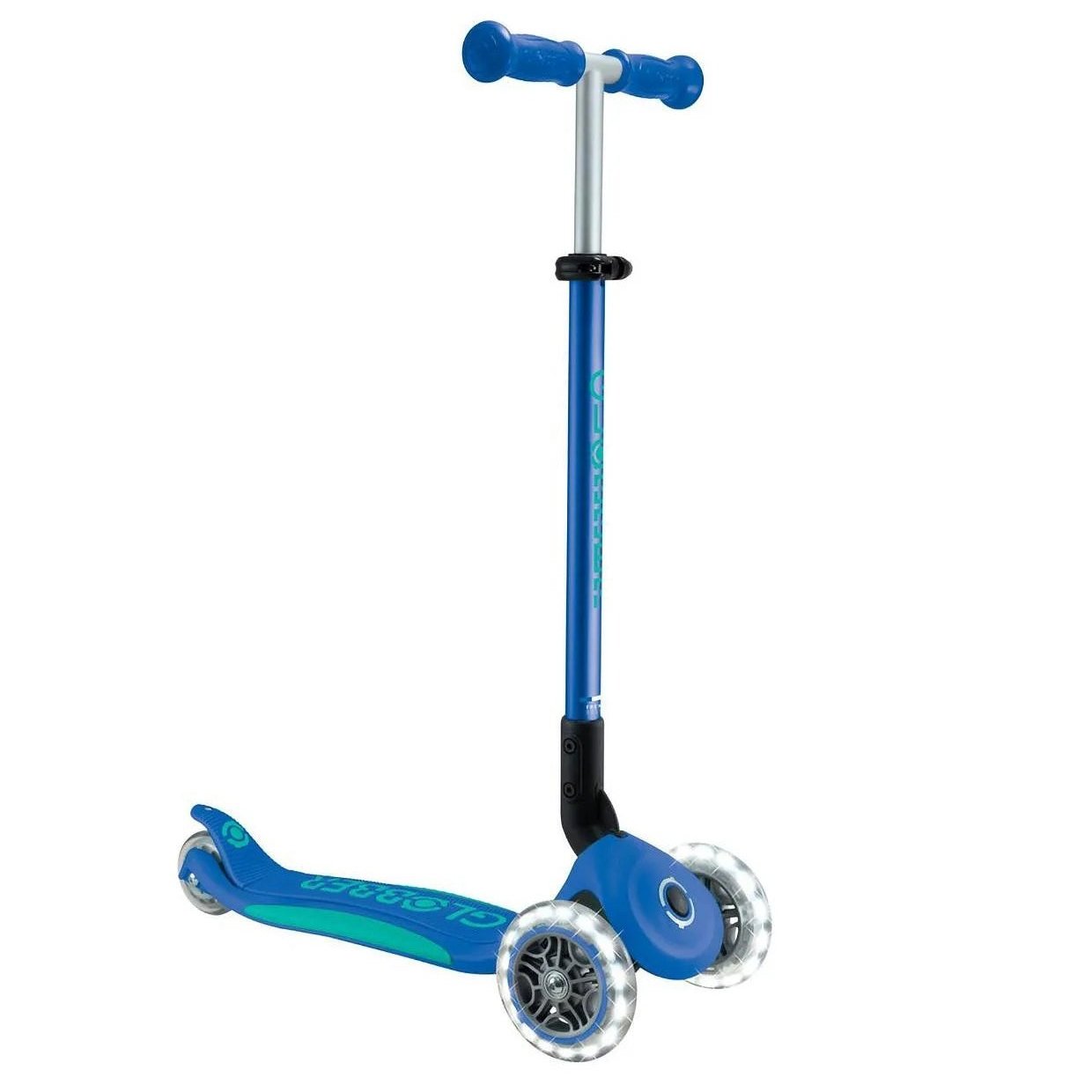 Globber - Primo Plus Foldable Lights Three Wheel Scooter, Adjustable T-Bar, Patented Steering Lock System, Light Up Wheels, 3 Years+, 58 x 28 x 76 cm - Navy Blue