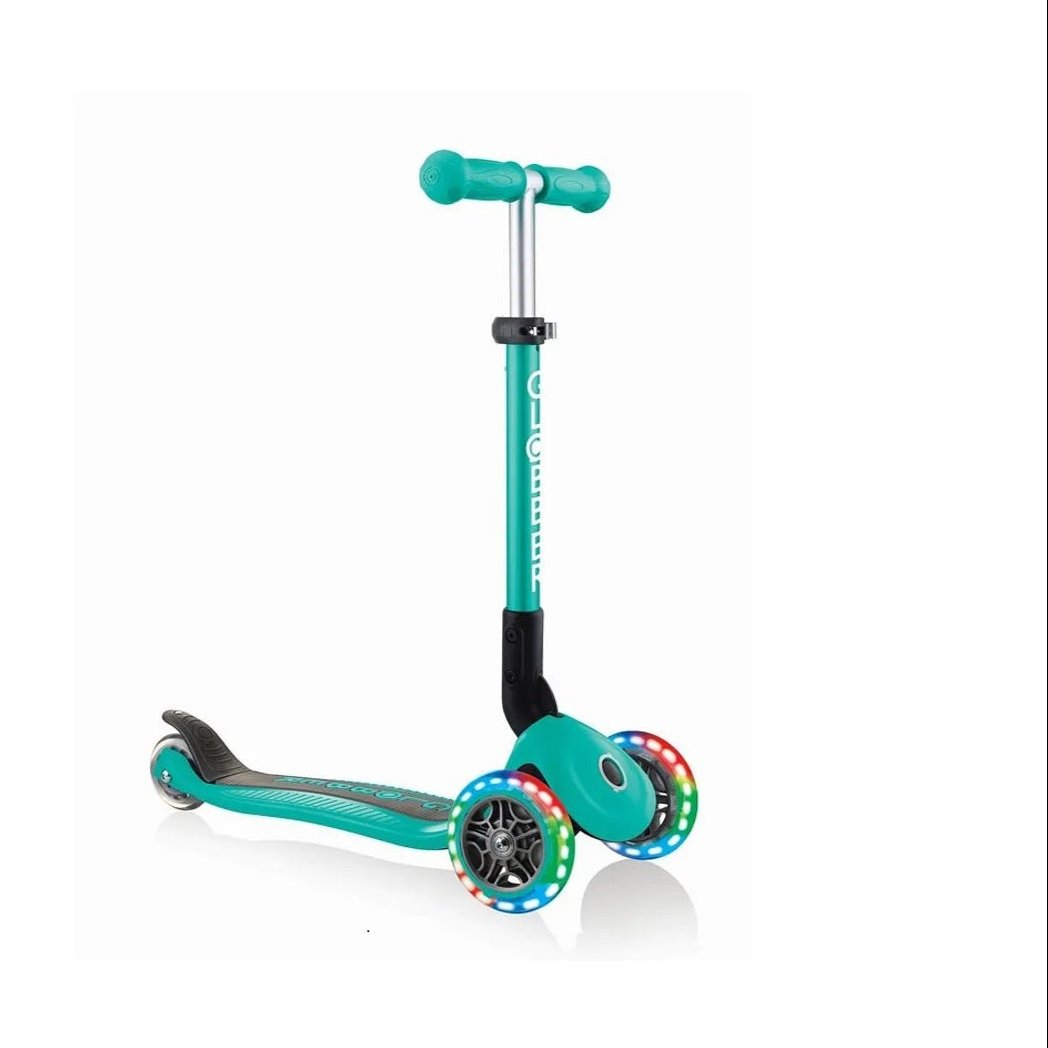 Globber - Primo Foldable Kids Scooter with LED Lights - Anti-Slip, Adjustable Height - Emerald Green