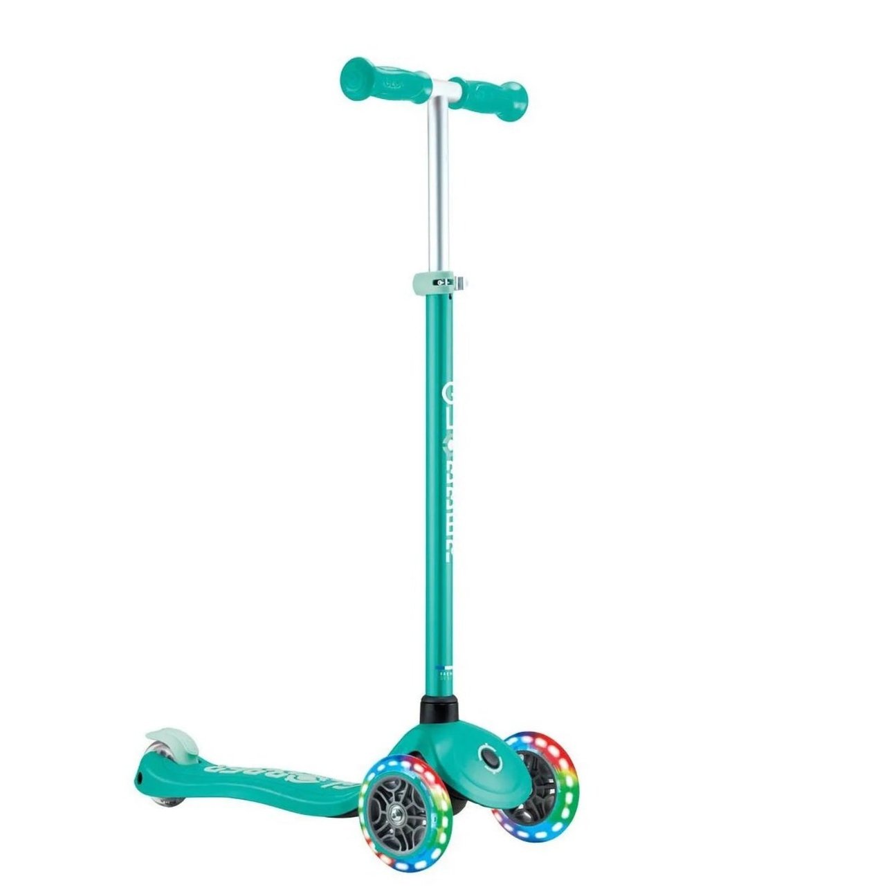 Globber - Primo Plus Lights Three Wheel Scooter, Adjustable T-Bar, Patented Steering Lock System, Light Up Wheels, 3 Years+, 58 x 28 x 76 cm - Emerald Green