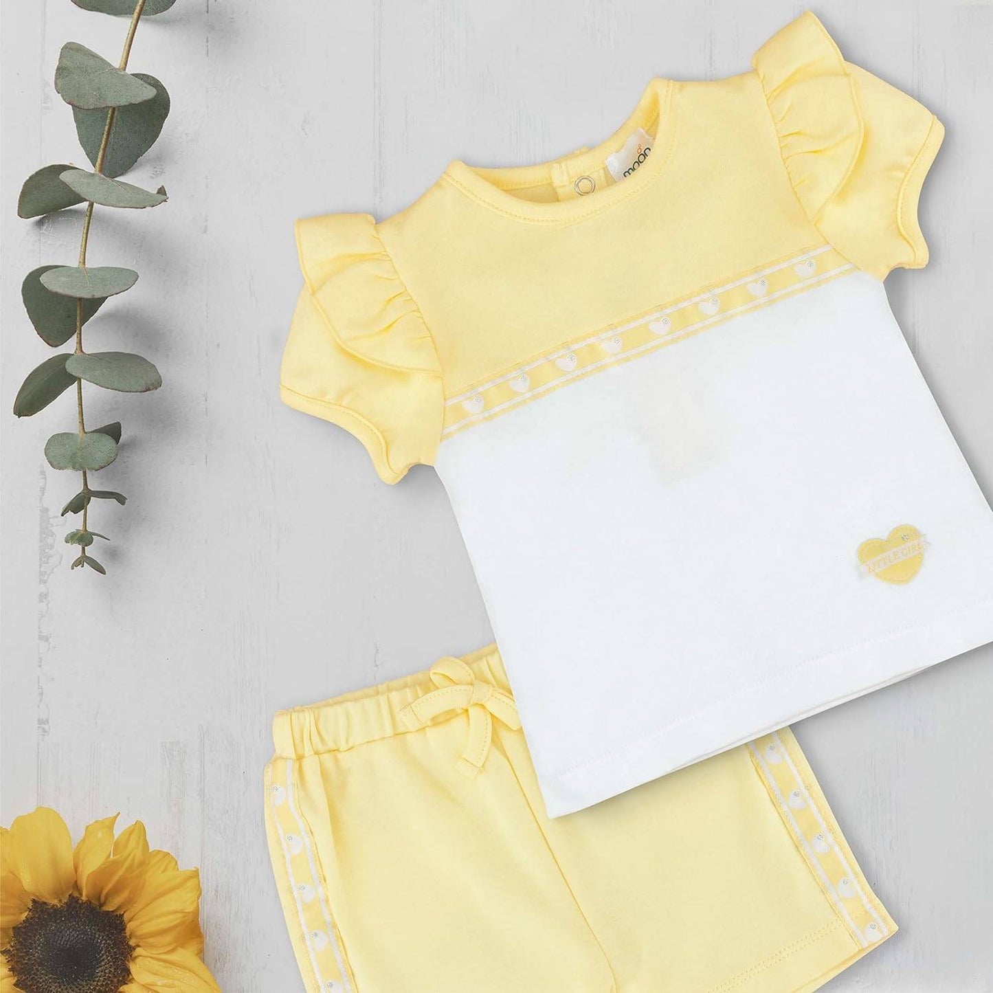 MOON 100% Cotton Short-Sleeved Top & Shorts 0-3M Yellow - Lemon Hearts