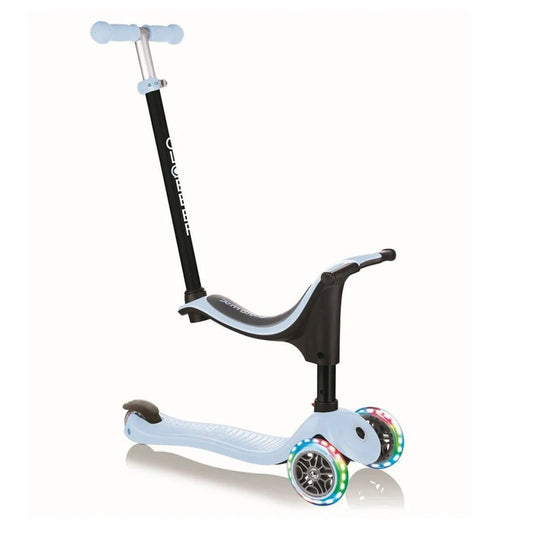 Globber - Go Up Sporty Lights Scooter with Seat - 3-in-1 Adjustable Ride-On for Ages 15 Months-7 Years, LED Wheels, Pastel Blue