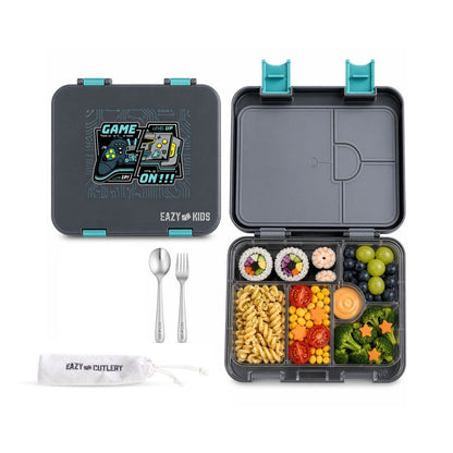 Eazy Kids - 6/4 Convertible Bento Lunch Box Set - Game On Grey - 1080 ml