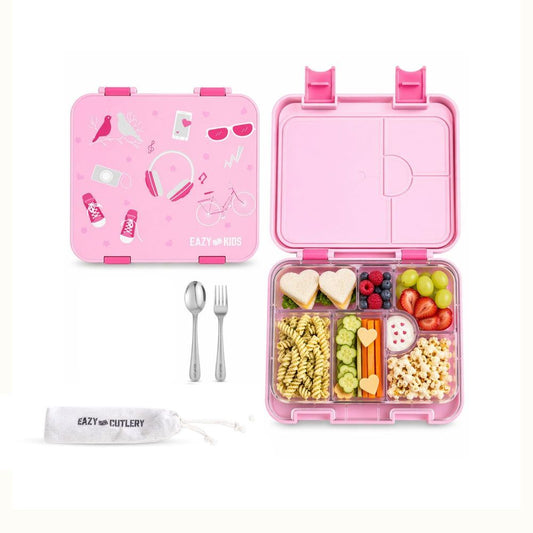 Eazy Kids 6 & 4 Convertible Bento Lunch Box w/Steel Spoon & Fork Set - Life Pink