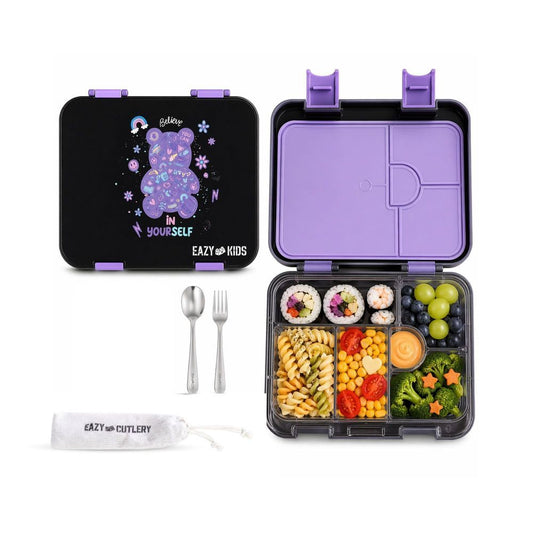 Eazy Kids - 6/4 Convertible Bento Lunch Box Set - Teddy Black - 1080 ml