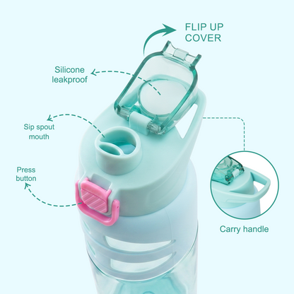Eazy Kids - Flip Top Spout And Straw Water Bottle - Flamingo Aqua - 750 ml