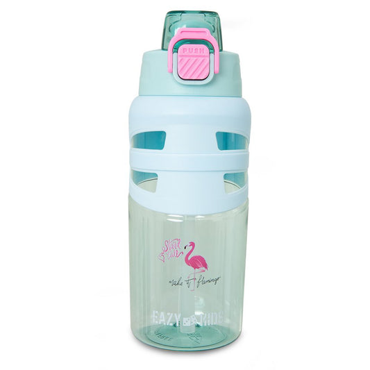 Eazy Kids - Flip Top Spout And Straw Water Bottle - Flamingo Aqua - 750 ml