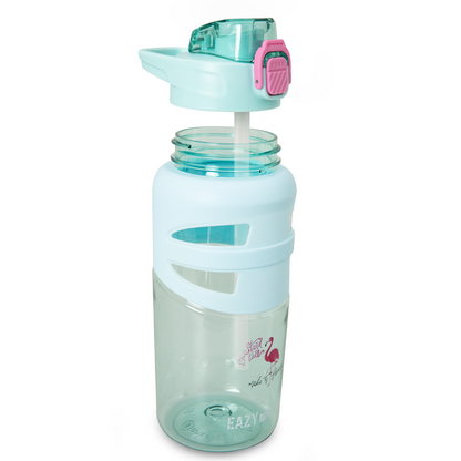 Eazy Kids - Flip Top Spout And Straw Water Bottle - Flamingo Aqua - 750 ml