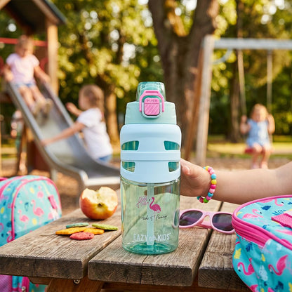 Eazy Kids - Flip Top Spout And Straw Water Bottle - Flamingo Aqua - 750 ml