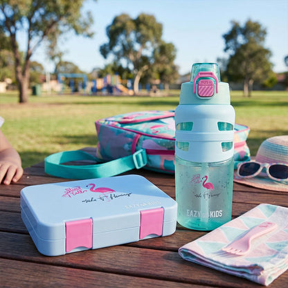 Eazy Kids - Flip Top Spout And Straw Water Bottle - Flamingo Aqua - 750 ml
