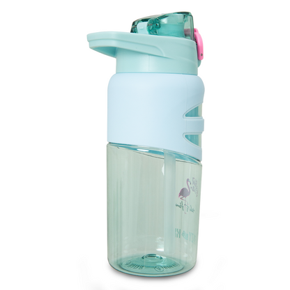 Eazy Kids - Flip Top Spout And Straw Water Bottle - Flamingo Aqua - 750 ml