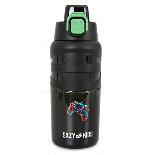 Eazy Kids - Flip Top Water Bottle 750ml – Straw Bottle for Kids - Gamer Black