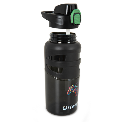 Eazy Kids - Flip Top Water Bottle 750ml – Straw Bottle for Kids - Gamer Black