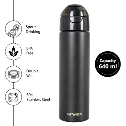 Eazy Kids - Insulated Stainless Steel Spray Water Bottle - Black - 640 ml