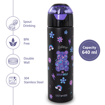 Eazy Kids - Insulated Stainless Steel Spray Water Bottle - Teddy Black - 640 ml