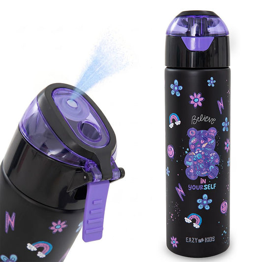 Eazy Kids - Insulated Stainless Steel Spray Water Bottle - Teddy Black - 640 ml